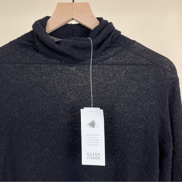 NWT Eileen Fisher Soft Turtleneck Long Sleeve Top in Black Italian Yarn Natural - Picture 2 of 8